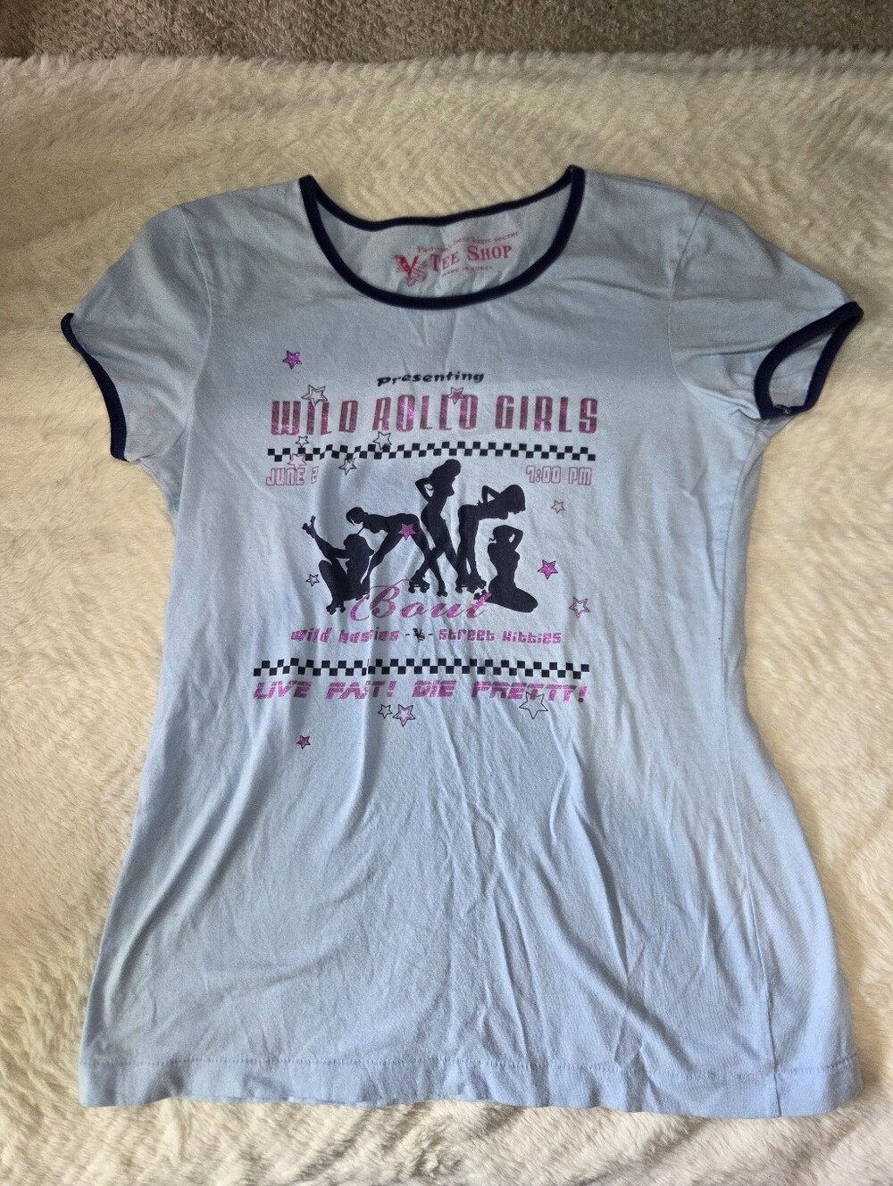 Light Blue Graphic Tee with Navy Trim - Wild Rodeo Girls Print